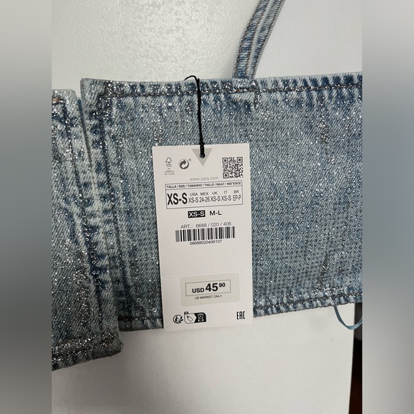 Zara NWT Rhinestone Jewel Denim Crop Top XS - Picture 10 of 12